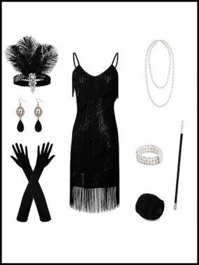 1920s Gatsby Flapper Dress Sequin Fringe V-Neck Midi 7-Piece Costume Set